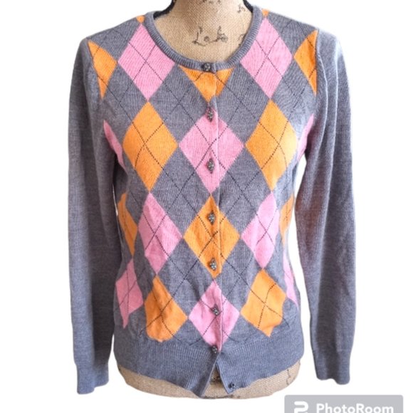 New York & Company Sweaters - Argyle Cardigan Sweater Metal Buttons L Gray Multi Fancy